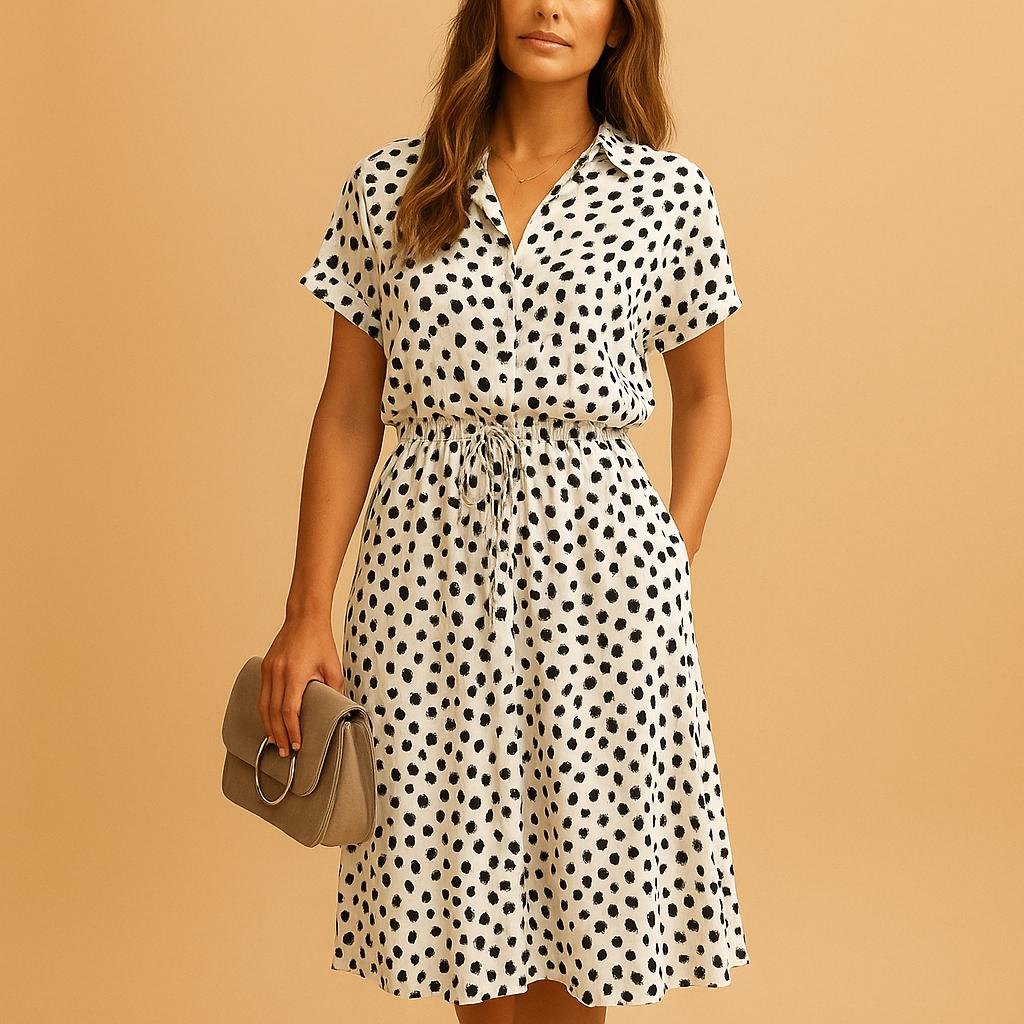 A-line midi dress with V-neck and short sleeves for women | Noelle
