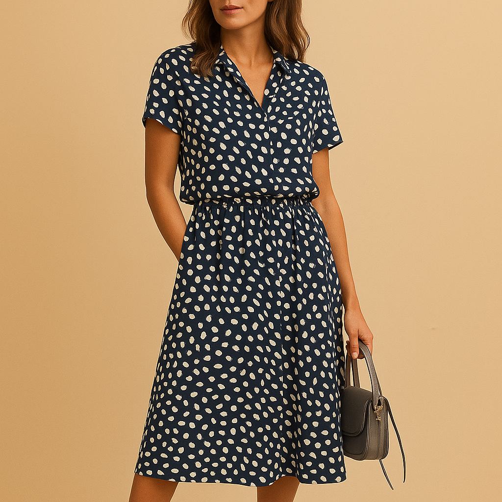 A-line midi dress with V-neck and short sleeves for women | Noelle