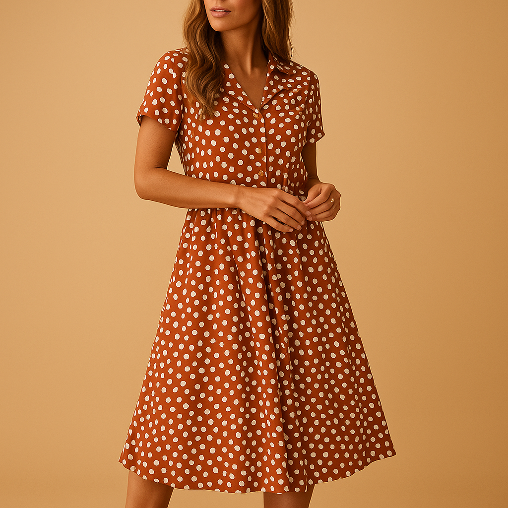 A-line midi dress with V-neck and short sleeves for women | Noelle