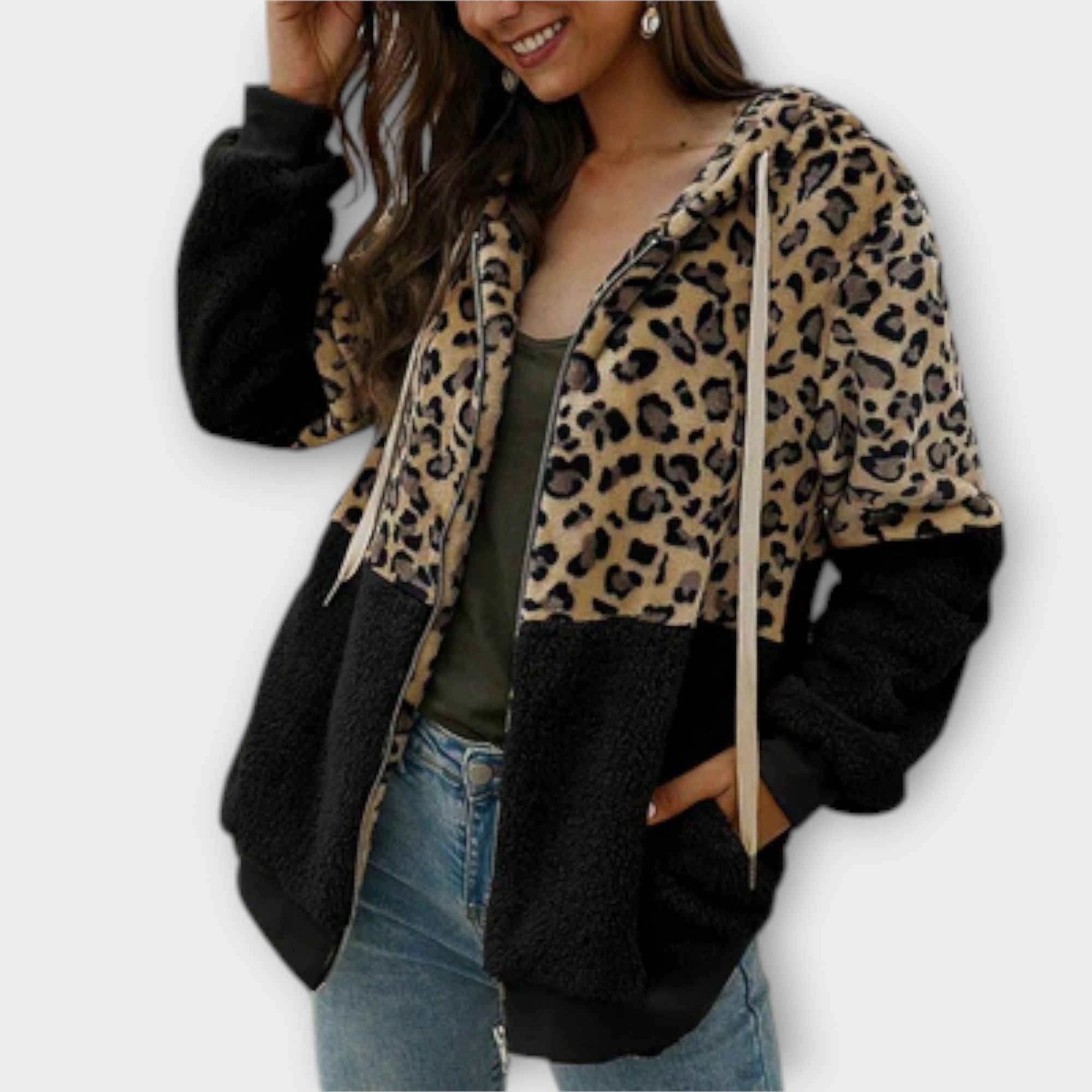 Fleece hoodie with leopard design