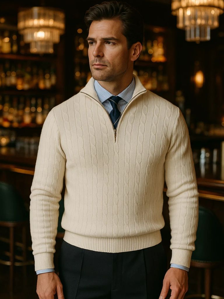 Cable-Knit Zip Neck Sweater for Men