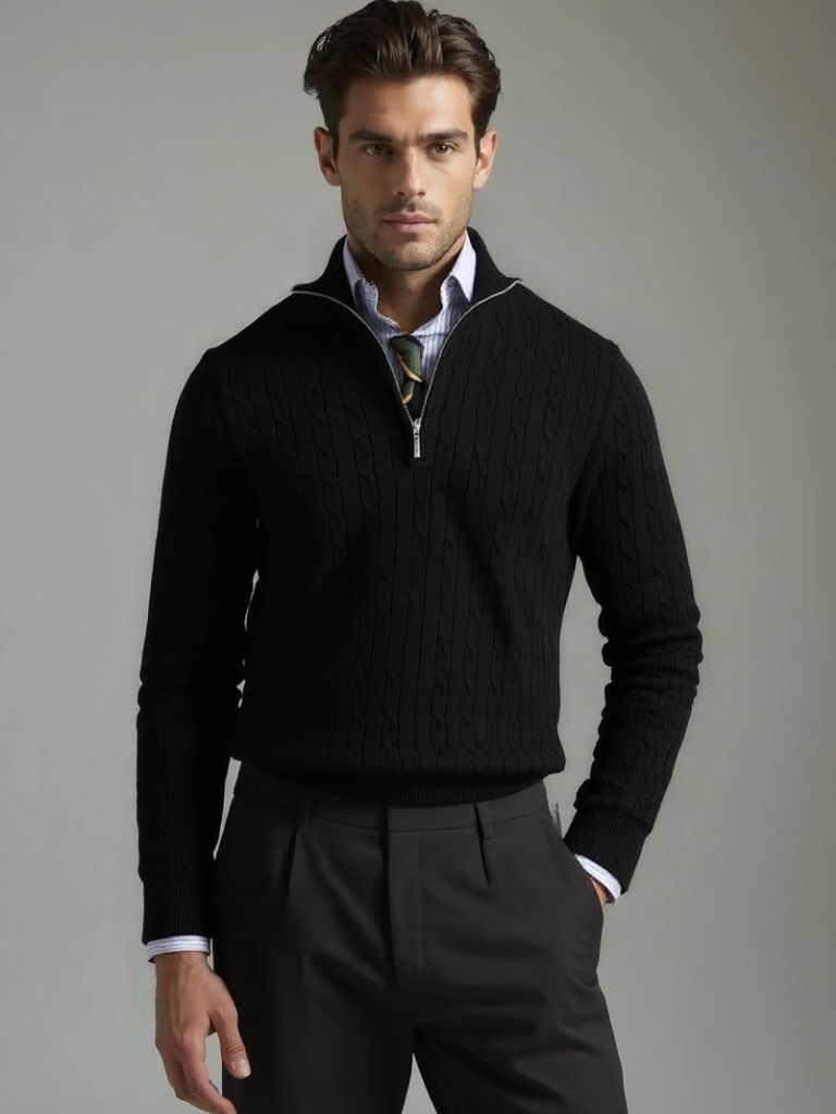 Cable-Knit Zip Neck Sweater for Men