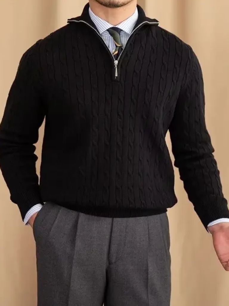 Cable-Knit Zip Neck Sweater for Men