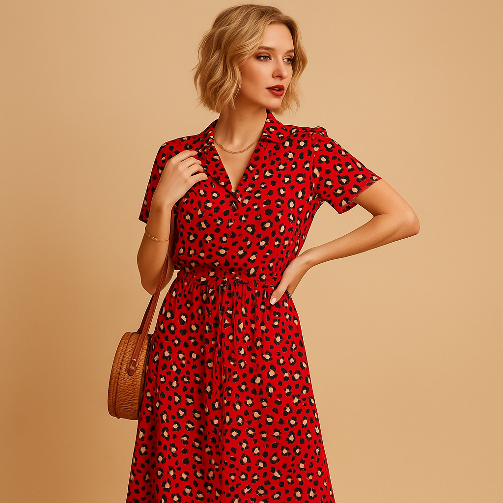 Chic midi dress with short sleeves for women | Eliza