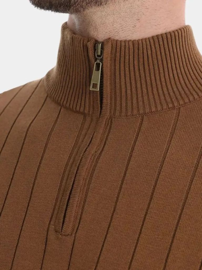 Cotton Knit Vertical Stripes Quarter-Zip Sweater for Men
