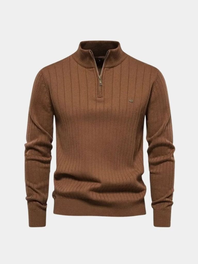Cotton Knit Vertical Stripes Quarter-Zip Sweater for Men