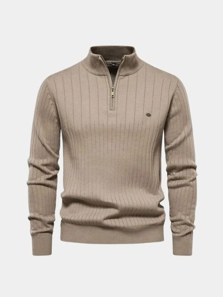 Cotton Knit Vertical Stripes Quarter-Zip Sweater for Men