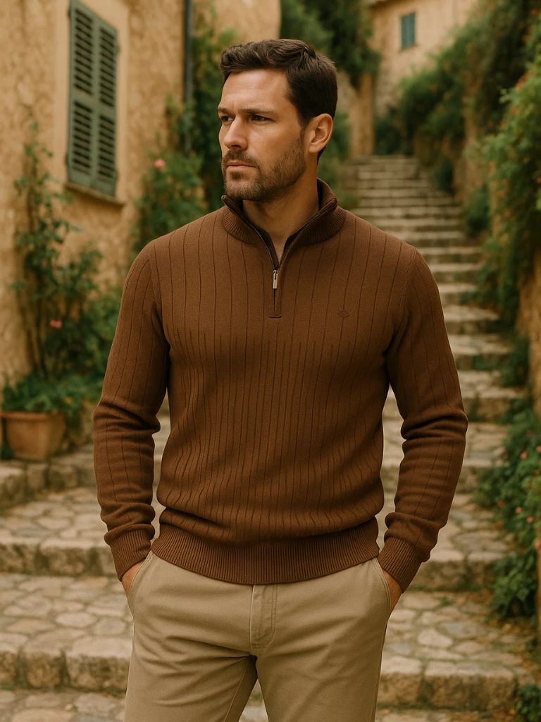 Cotton Knit Vertical Stripes Quarter-Zip Sweater for Men