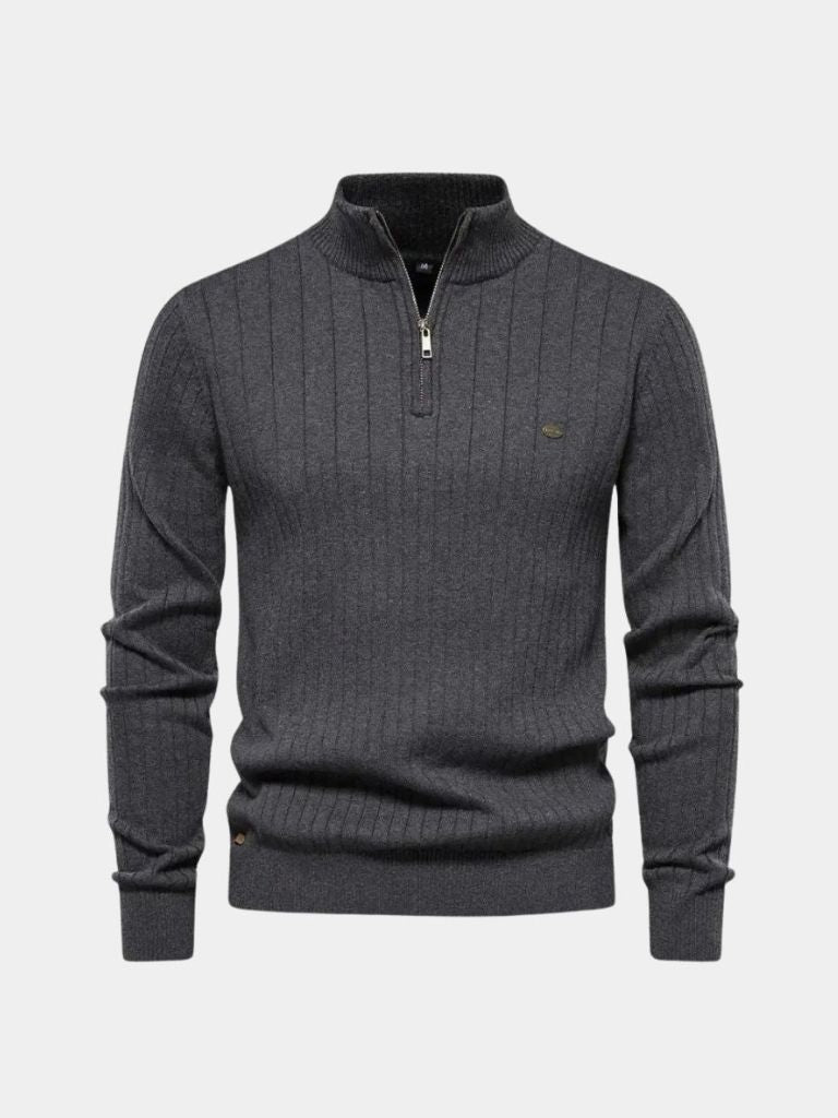Cotton Knit Vertical Stripes Quarter-Zip Sweater for Men
