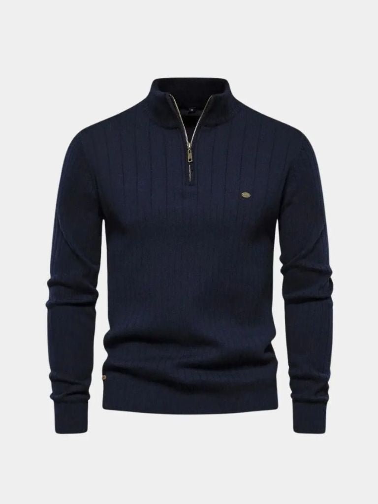 Cotton Knit Vertical Stripes Quarter-Zip Sweater for Men