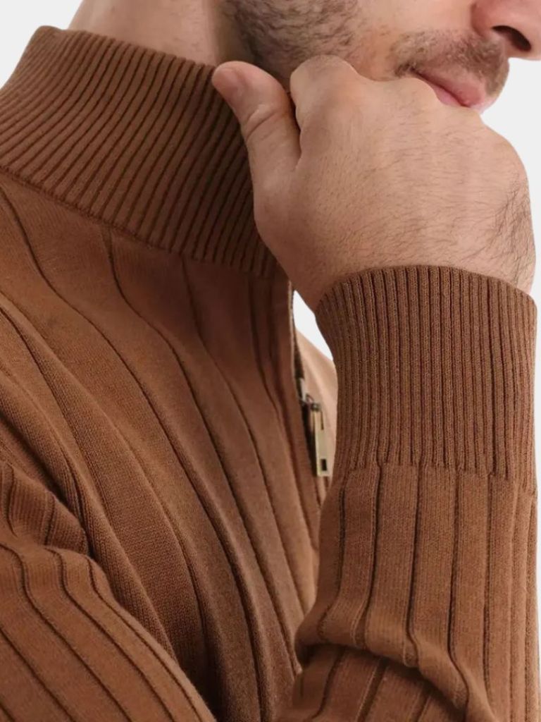 Cotton Knit Vertical Stripes Quarter-Zip Sweater for Men
