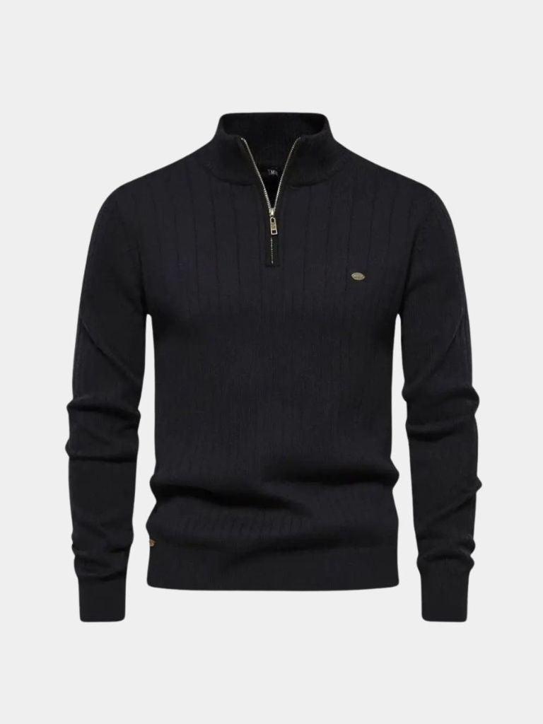 Cotton Knit Vertical Stripes Quarter-Zip Sweater for Men