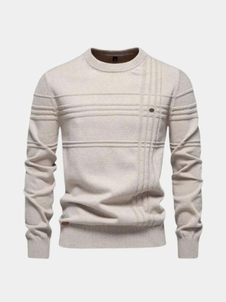 Cotton Knitted Stripped Crew Neck Pullover Sweater for Men