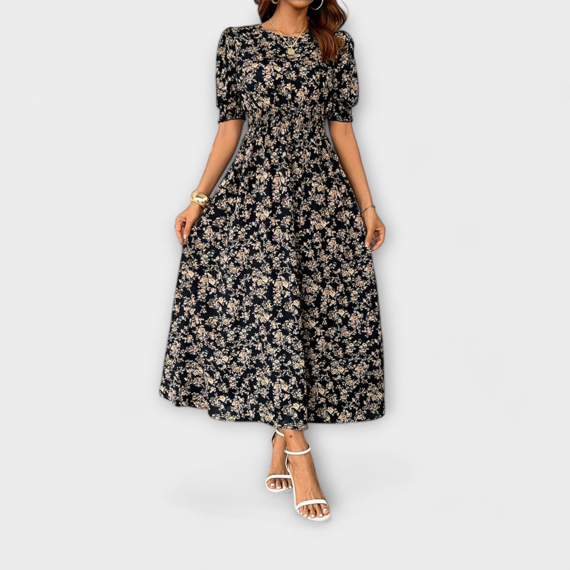 Dress with Round Neck and Floral Pattern