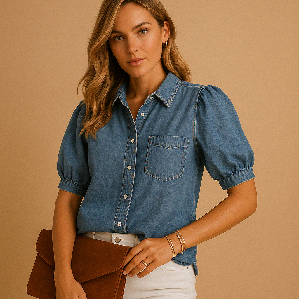 Denim button-up blouse with tailored fit for women | Abigail