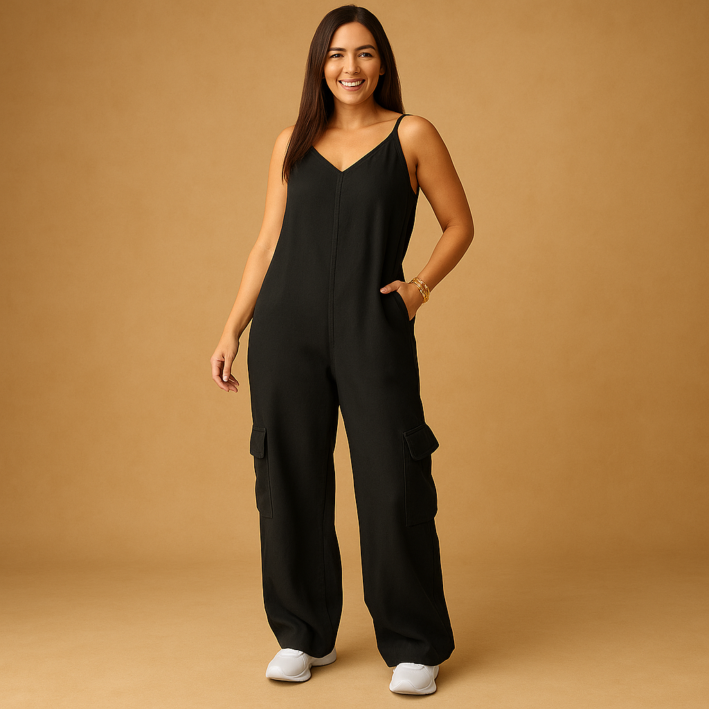 Denim jumpsuit with V-neck and open back for women | Brielle