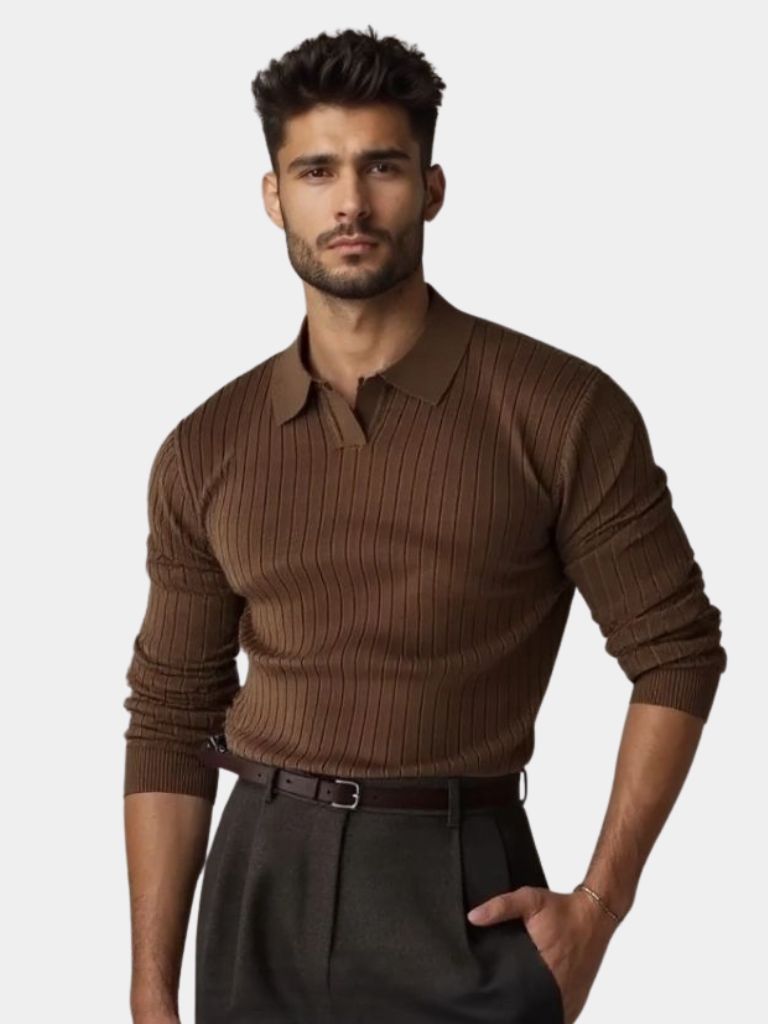 Elegant Open Collar Long Sleeve Polo for Men