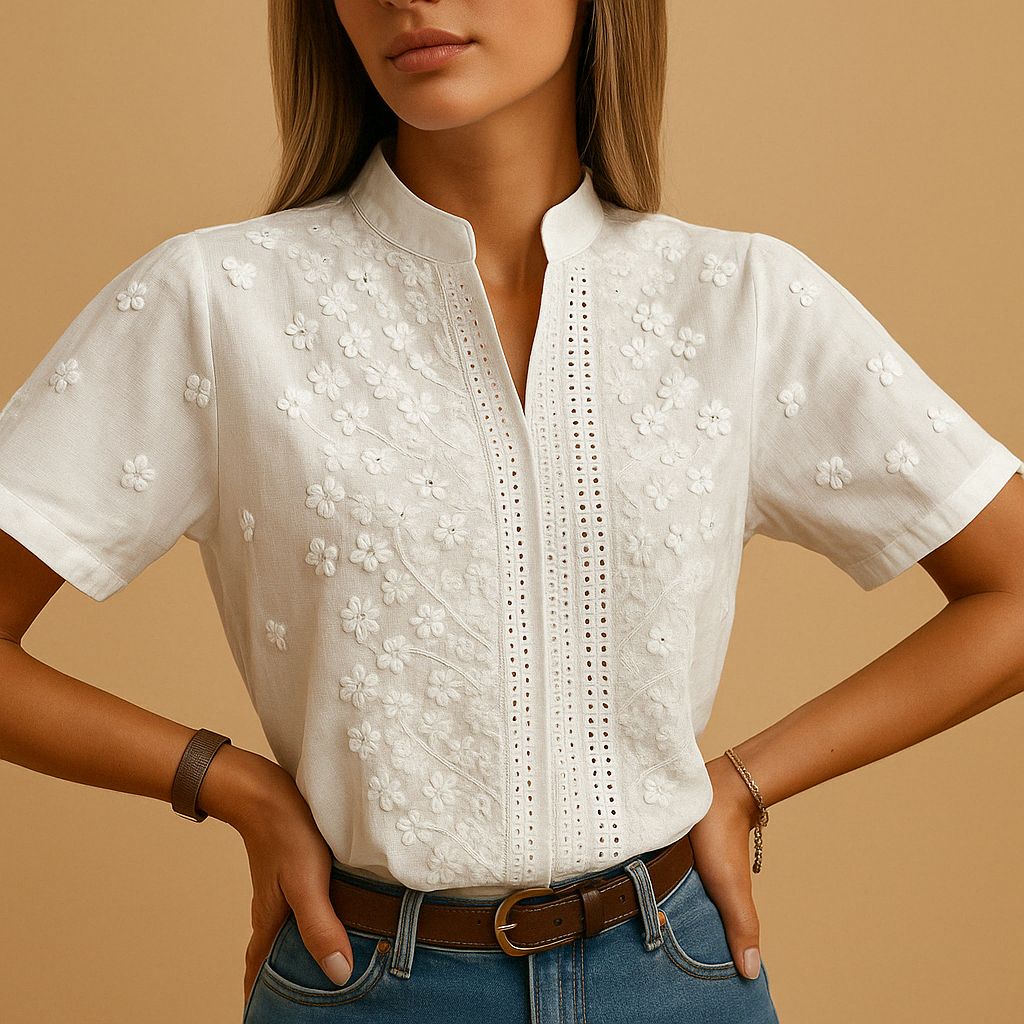 Elegant white button-up blouse with collar for women | Elvira