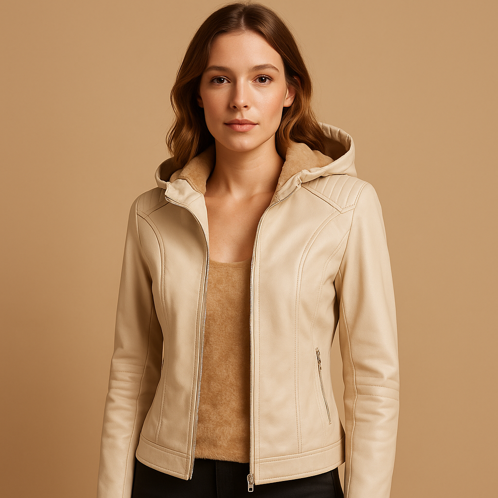 Faux leather jacket with hood and gold zippers for women | Mirjete