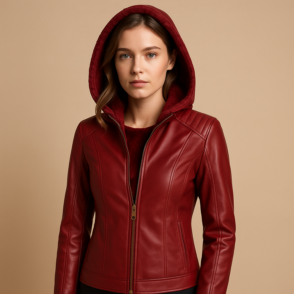 Faux leather jacket with hood and gold zippers for women | Mirjete