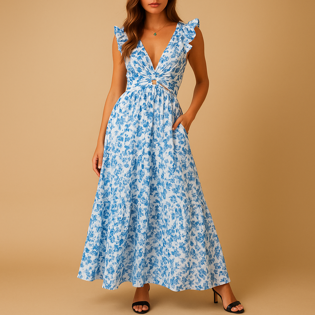 Floral ruffle maxi dress with deep V-neck for women | Jasmine