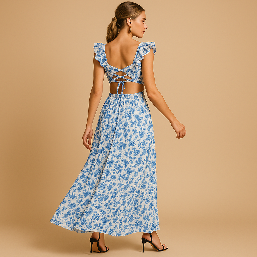 Floral ruffle maxi dress with deep V-neck for women | Jasmine