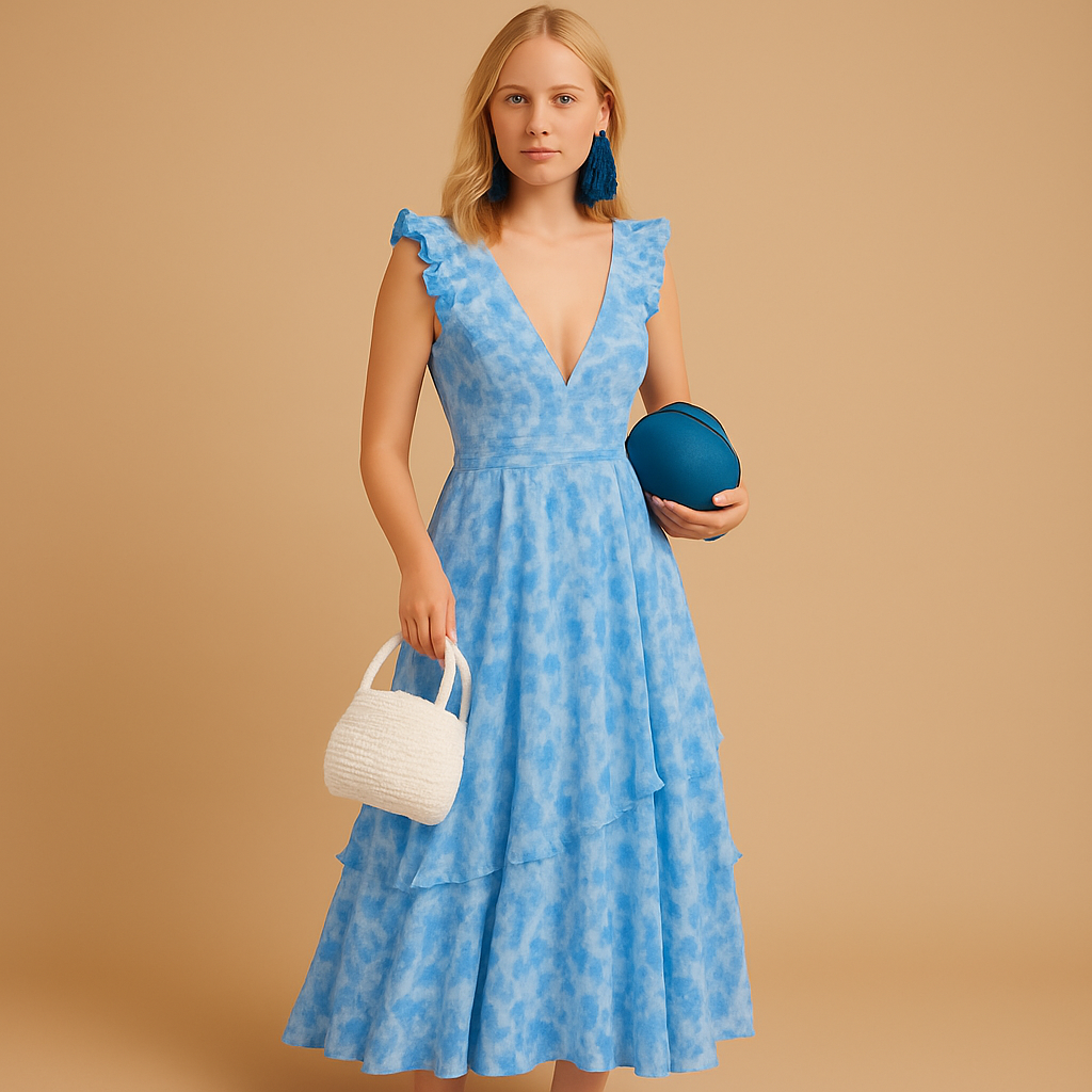 Floral ruffle maxi dress with deep V-neck for women | Jasmine