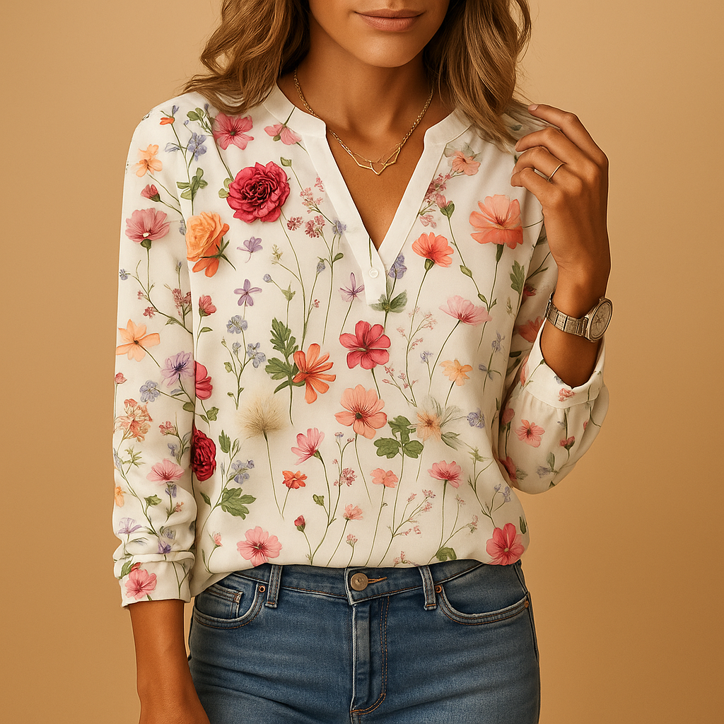 Floral V-neck blouse with long sleeves for women | Ava