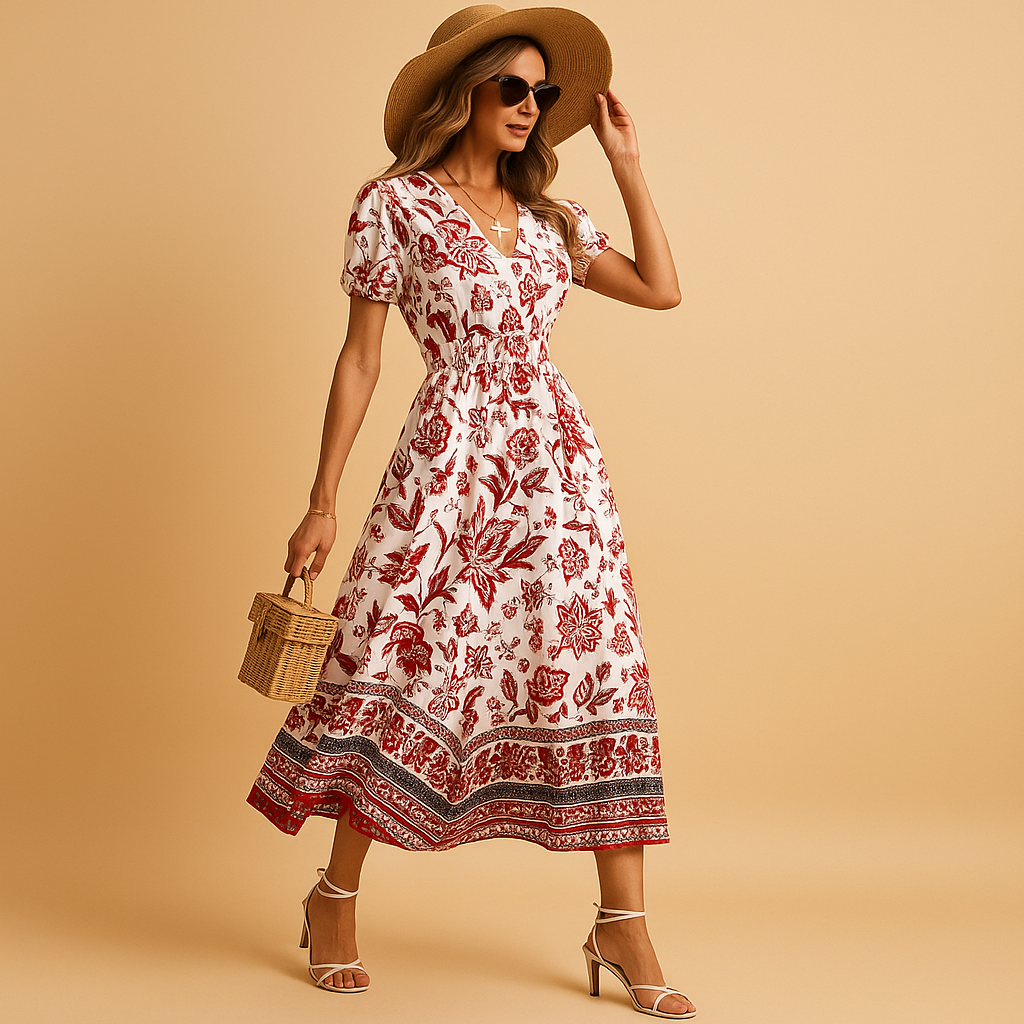Floral V-neck summer dress with short sleeves for women | Marella