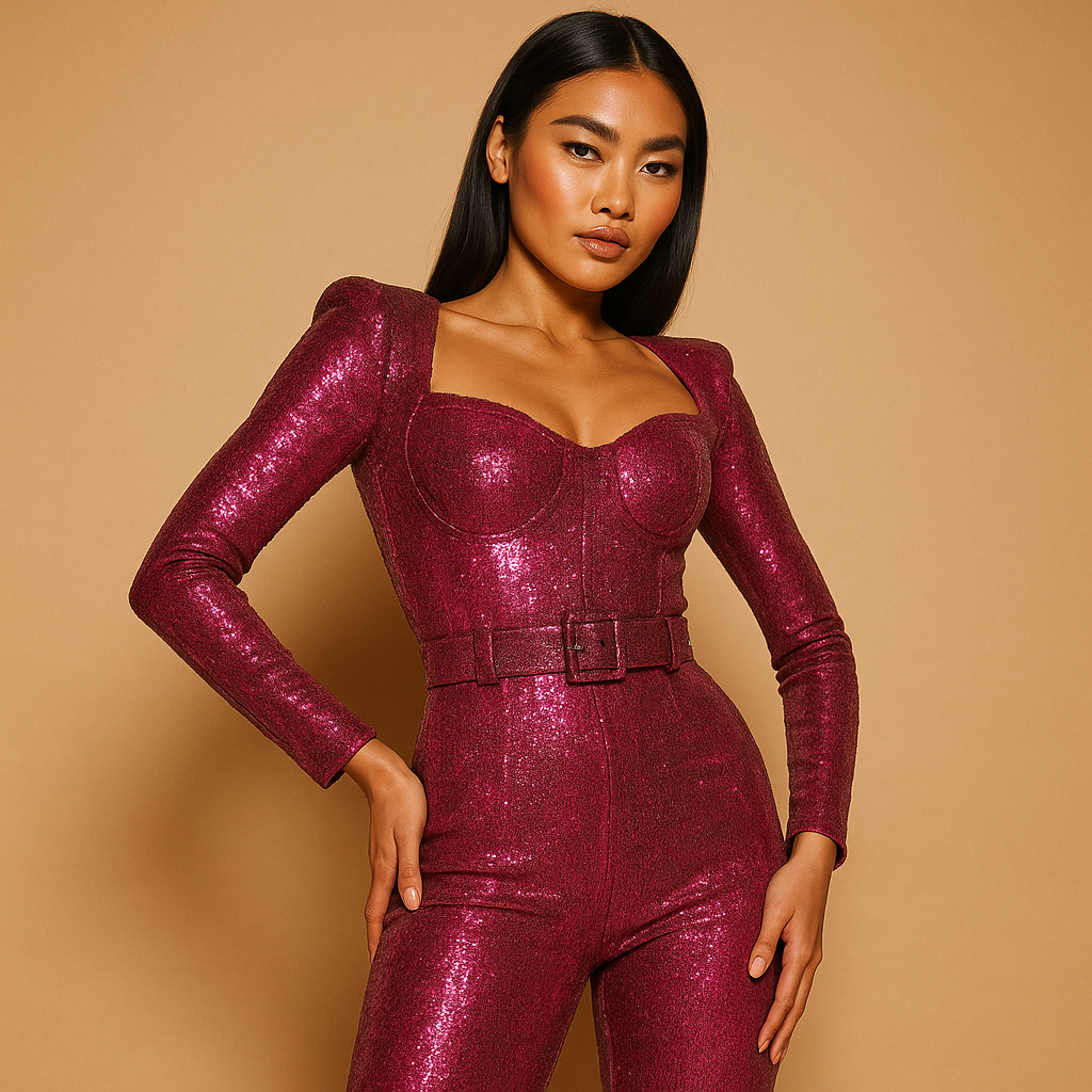Glossy deep neckline jumpsuit with slim fit for women | Bianca