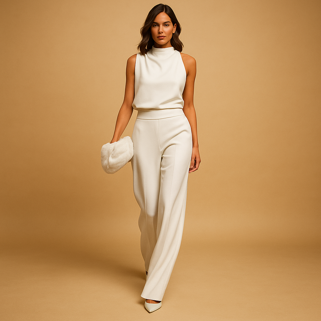 Halter-neck wide-leg jumpsuit with tie detail for women | Isabelle