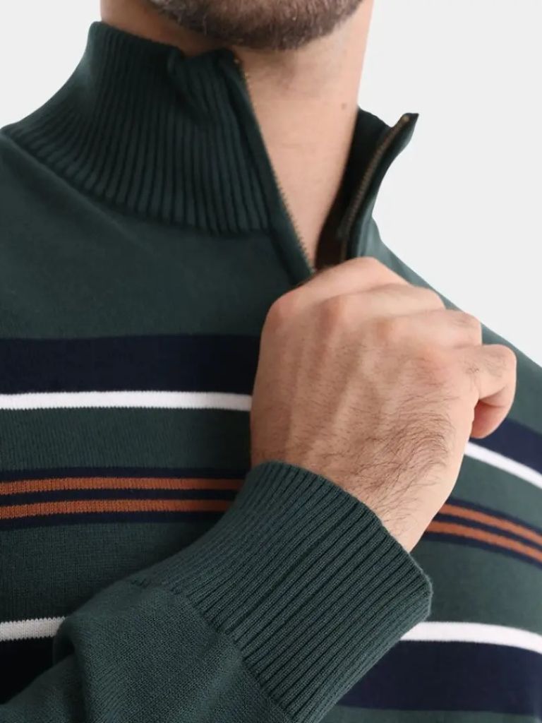 Knit Striped Quarter-Zip Jumper Sweater for Men