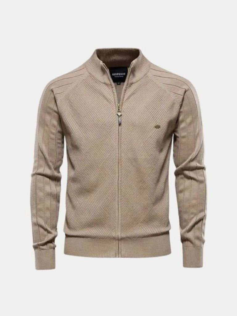 Knit Zipper Jacquard Solid Color Cardigan Sweater for Men