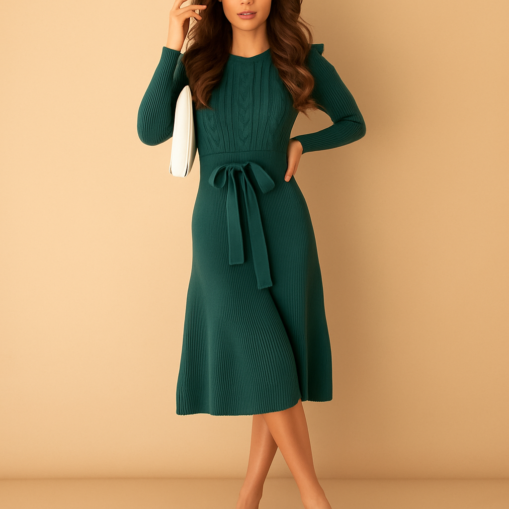 Knitted belted autumn dress with long sleeves for women | Lianne