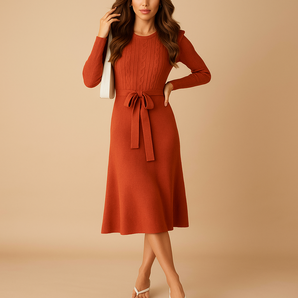 Knitted belted autumn dress with long sleeves for women | Lianne