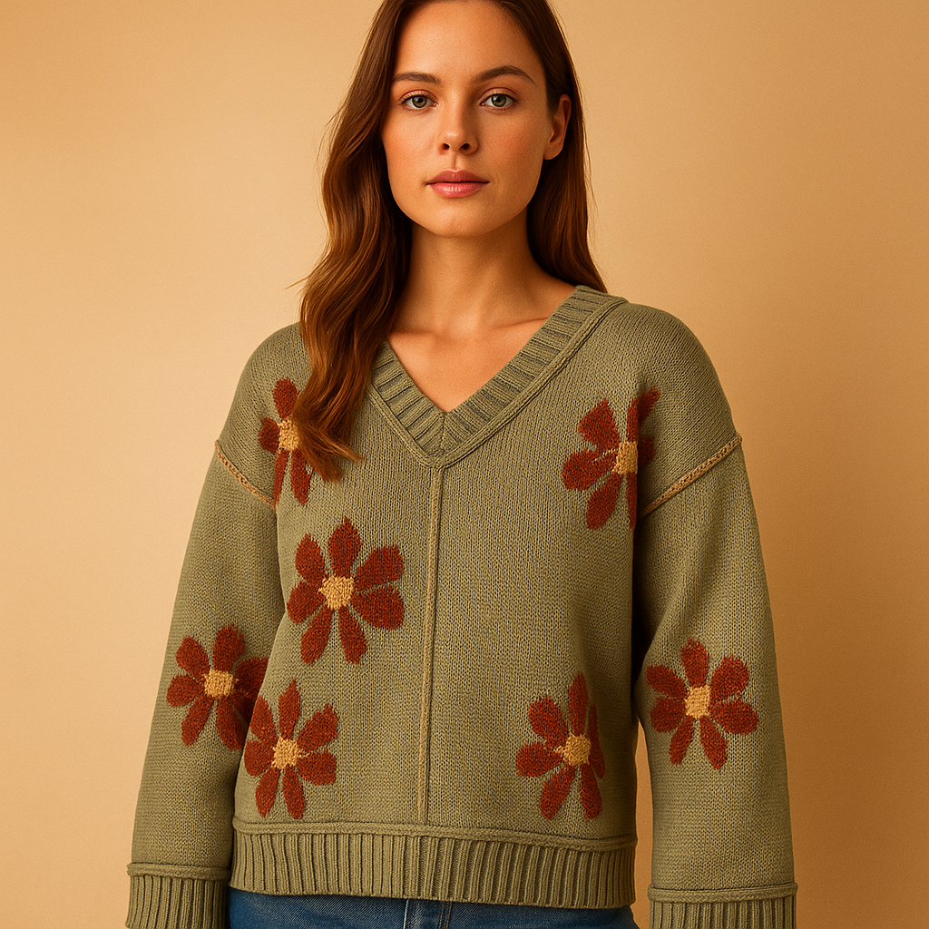 Knitted floral V-neck sweater for women | Dahlia