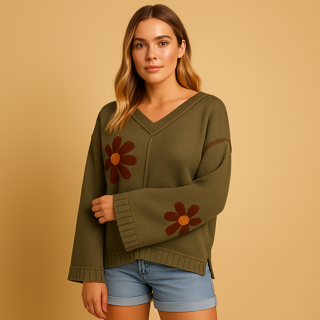 Knitted floral V-neck sweater for women | Dahlia