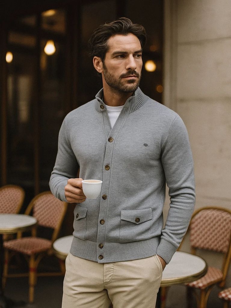 Knitted Stand Collar Cotton Cardigan for Men
