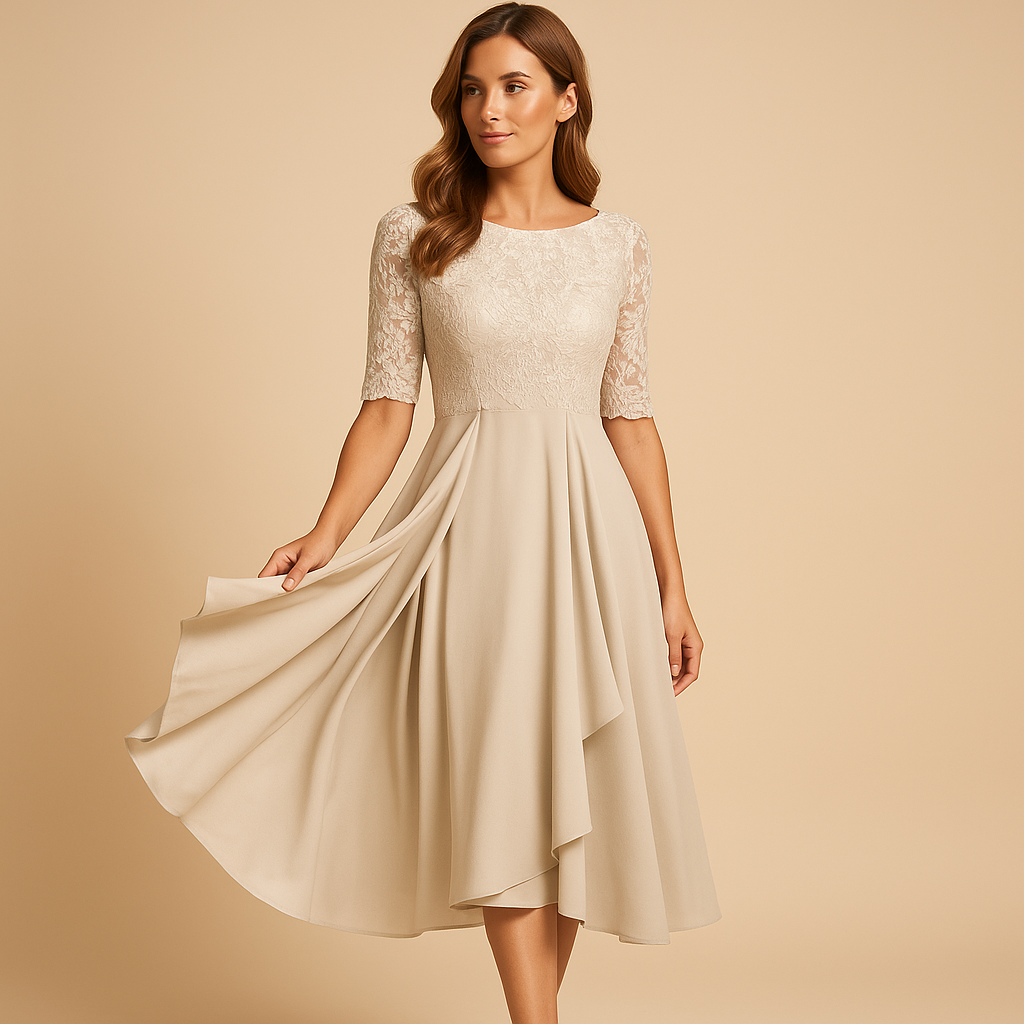 Lace top midi dress with asymmetrical skirt for women | Clarissa
