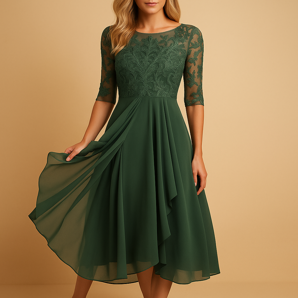 Lace top midi dress with asymmetrical skirt for women | Clarissa