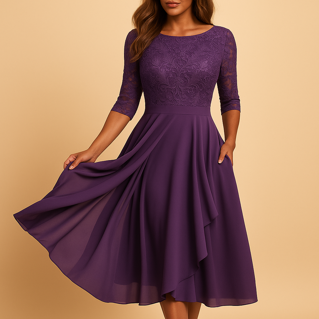 Lace top midi dress with asymmetrical skirt for women | Clarissa