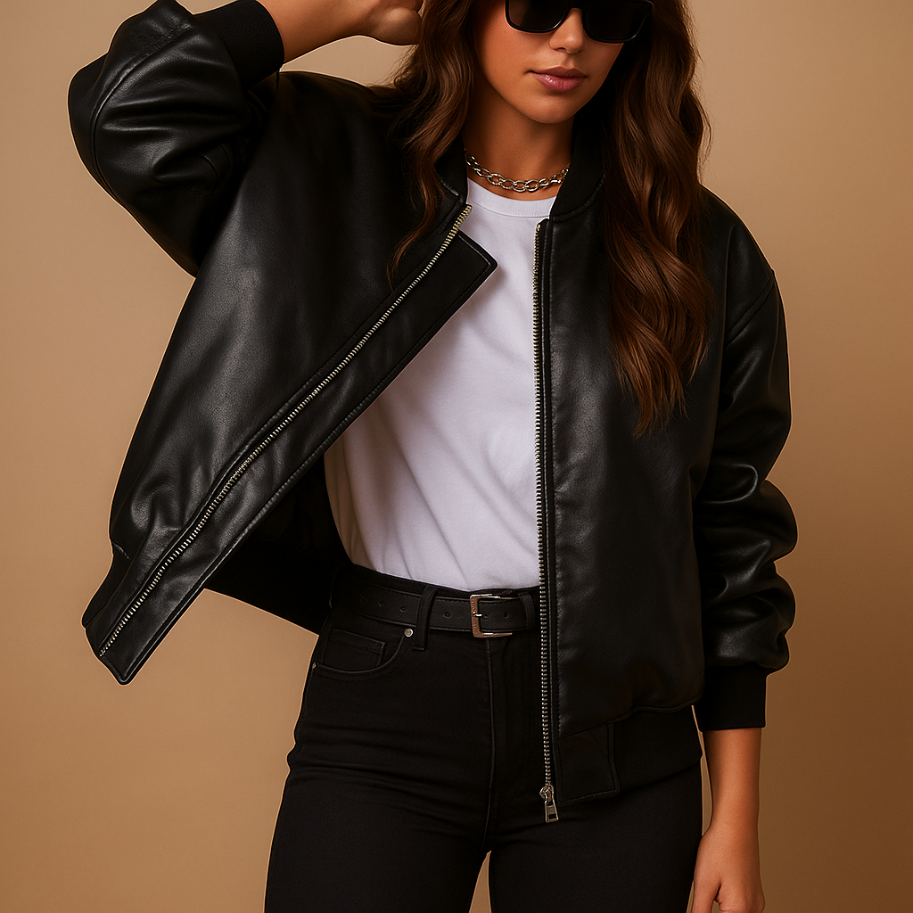 Long leather baseball-style winter jacket for women | Drusilla