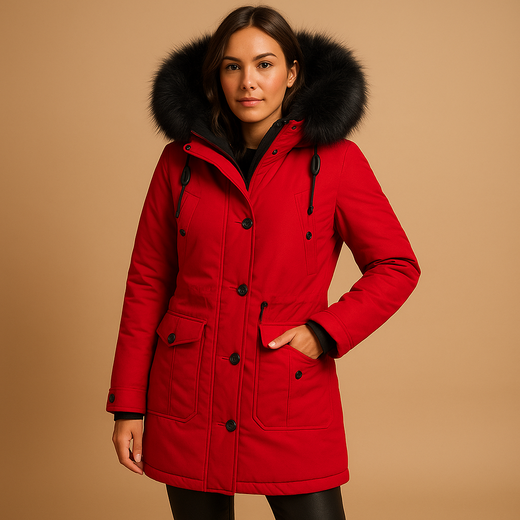 Long waterproof winter coat with faux fur hood for women | Frieda