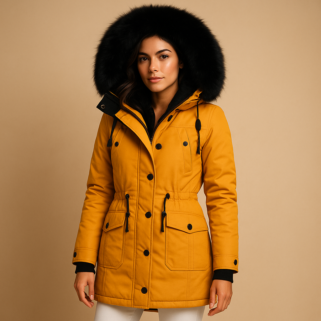 Long waterproof winter coat with faux fur hood for women | Frieda