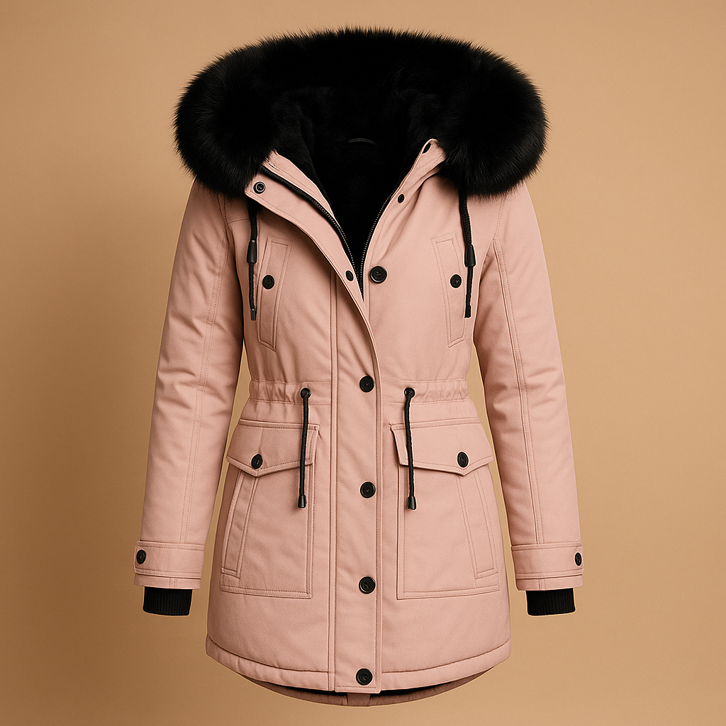 Long waterproof winter coat with faux fur hood for women | Frieda