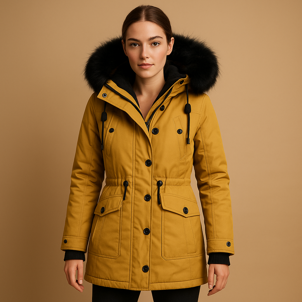 Long waterproof winter coat with faux fur hood for women | Frieda