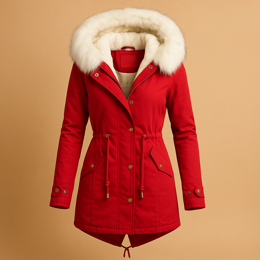 Long winter coat with faux fur hood for women | Meredith