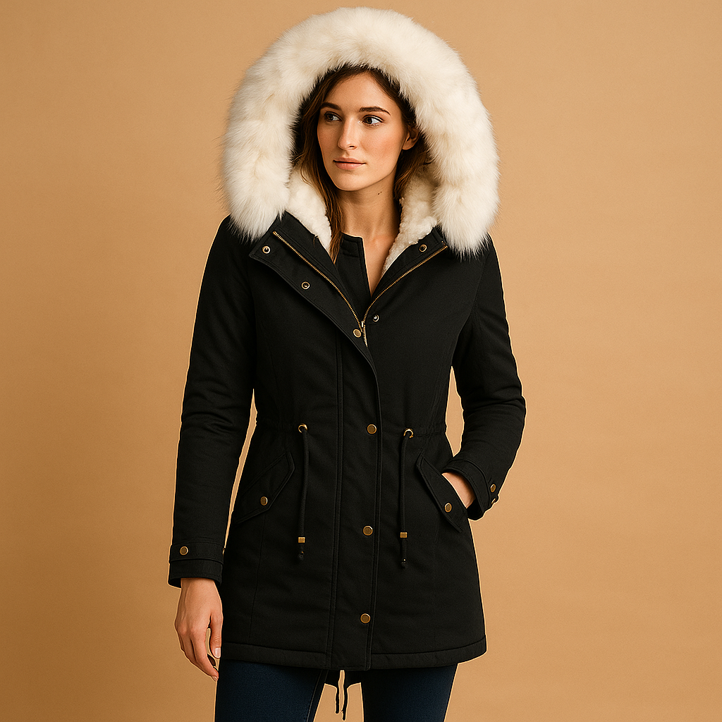 Long winter coat with faux fur hood for women | Meredith