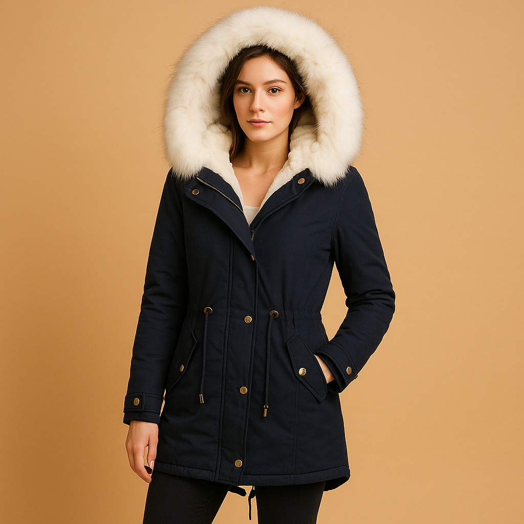 Long winter coat with faux fur hood for women | Meredith