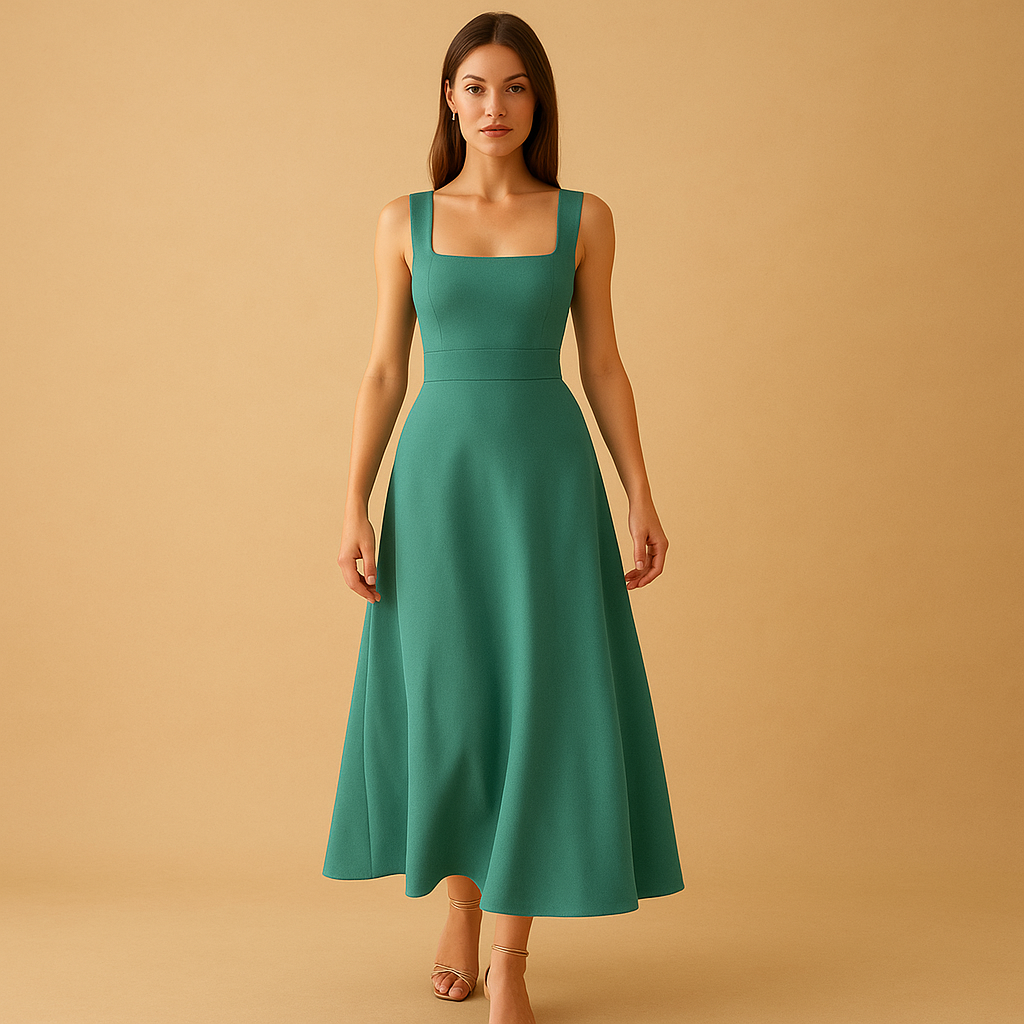Midi dress with square neckline and waist tie for women | Yinthe